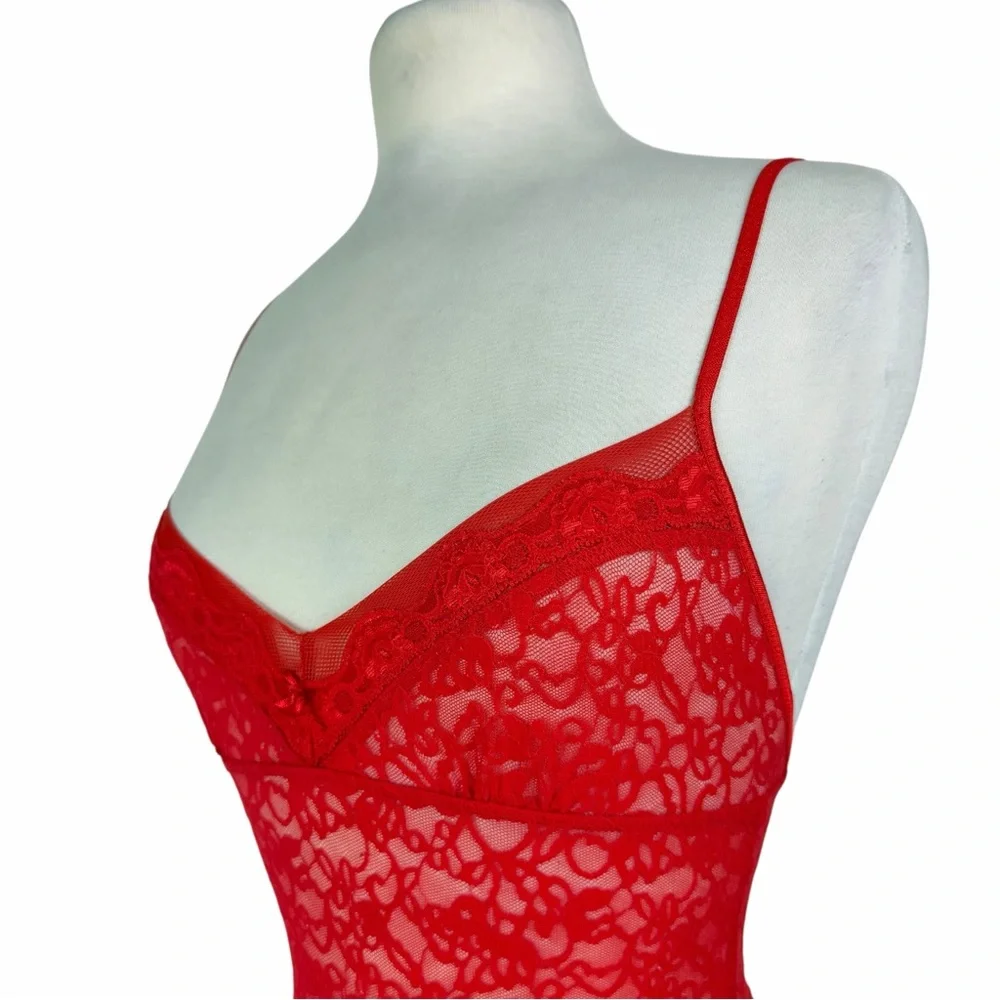 Victorias Secret Vintage Y2K Red Sheer Floral Lace Bodycon Mini Slip Dress Small